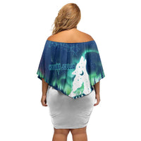 Finland Christmas Off Shoulder Short Dress with Howling Wolf Northern Lights Forest and Snow Design - Wonder Print Shop
