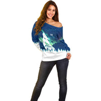 Finland Christmas Off Shoulder Sweater with Howling Wolf Northern Lights Forest and Snow Design - Wonder Print Shop