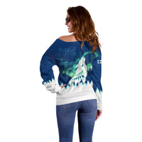Finland Christmas Off Shoulder Sweater with Howling Wolf Northern Lights Forest and Snow Design - Wonder Print Shop