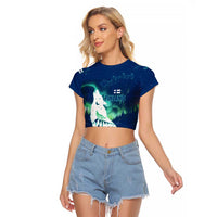 Finland Christmas Raglan Cropped T Shirt with Howling Wolf Northern Lights Forest and Snow Design - Wonder Print Shop