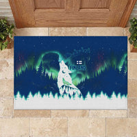 Finland Christmas Rubber Doormat with Howling Wolf Northern Lights Forest and Snow Design - Wonder Print Shop
