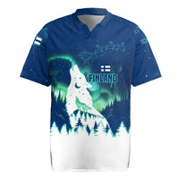 Finland Christmas Rugby Jersey with Howling Wolf Northern Lights Forest and Snow Design - Wonder Print Shop