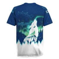 Finland Christmas Rugby Jersey with Howling Wolf Northern Lights Forest and Snow Design - Wonder Print Shop