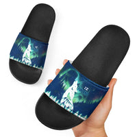 Finland Christmas Slide Sandals with Howling Wolf Northern Lights Forest and Snow Design - Wonder Print Shop