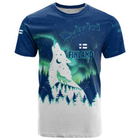 Finland Christmas T Shirt with Howling Wolf Northern Lights Forest and Snow Design - Wonder Print Shop