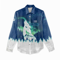 Finland Christmas Women Casual Shirt with Howling Wolf Northern Lights Forest and Snow Design - Wonder Print Shop