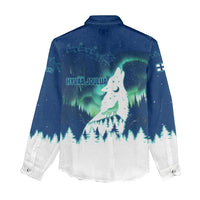 Finland Christmas Women Casual Shirt with Howling Wolf Northern Lights Forest and Snow Design - Wonder Print Shop