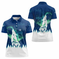 Finland Christmas Women Polo Shirt with Howling Wolf Northern Lights Forest and Snow Design - Wonder Print Shop