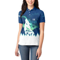Finland Christmas Women Polo Shirt with Howling Wolf Northern Lights Forest and Snow Design - Wonder Print Shop