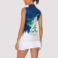 Finland Christmas Women Sleeveless Polo Shirt with Howling Wolf Northern Lights Forest and Snow Design - Wonder Print Shop