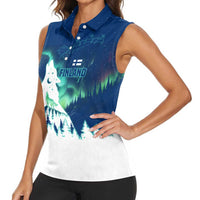Finland Christmas Women Sleeveless Polo Shirt with Howling Wolf Northern Lights Forest and Snow Design - Wonder Print Shop