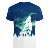 Finland Christmas Women V-Neck T-Shirt with Howling Wolf Northern Lights Forest and Snow Design - Wonder Print Shop
