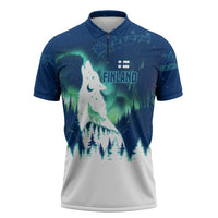 Finland Christmas Zipper Polo Shirt with Howling Wolf Northern Lights Forest and Snow Design - Wonder Print Shop
