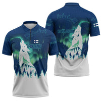 Finland Christmas Zipper Polo Shirt with Howling Wolf Northern Lights Forest and Snow Design - Wonder Print Shop