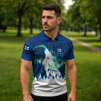 Finland Christmas Zipper Polo Shirt with Howling Wolf Northern Lights Forest and Snow Design - Wonder Print Shop