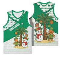 Nigeria Christmas Basketball Jersey with Gingerbread Snowman Palm Tree and Tribal Mask Design - Wonder Print Shop