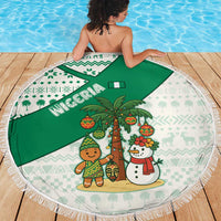 Nigeria Christmas Beach Blanket with Gingerbread Snowman Palm Tree and Tribal Mask Design - Wonder Print Shop