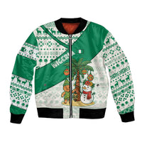Nigeria Christmas Bomber Jacket with Gingerbread Snowman Palm Tree and Tribal Mask Design - Wonder Print Shop