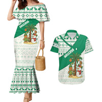 Nigeria Christmas Couples Matching Mermaid Dress and Hawaiian Shirt with Gingerbread Snowman Palm Tree and Tribal Mask Design - Wonder Print Shop