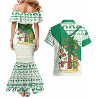 Nigeria Christmas Couples Matching Mermaid Dress and Hawaiian Shirt with Gingerbread Snowman Palm Tree and Tribal Mask Design - Wonder Print Shop