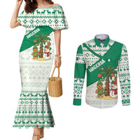 Nigeria Christmas Couples Matching Mermaid Dress and Long Sleeve Button Shirt with Gingerbread Snowman Palm Tree and Tribal Mask Design - Wonder Print Shop