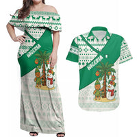 Nigeria Christmas Couples Matching Off Shoulder Maxi Dress and Hawaiian Shirt with Gingerbread Snowman Palm Tree and Tribal Mask Design - Wonder Print Shop