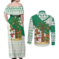 Nigeria Christmas Couples Matching Off Shoulder Maxi Dress and Long Sleeve Button Shirt with Gingerbread Snowman Palm Tree and Tribal Mask Design - Wonder Print Shop