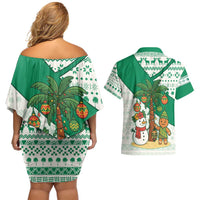 Nigeria Christmas Couples Matching Off Shoulder Short Dress and Hawaiian Shirt with Gingerbread Snowman Palm Tree and Tribal Mask Design - Wonder Print Shop
