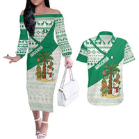 Nigeria Christmas Couples Matching Off The Shoulder Long Sleeve Dress and Hawaiian Shirt with Gingerbread Snowman Palm Tree and Tribal Mask Design - Wonder Print Shop