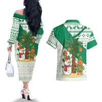 Nigeria Christmas Couples Matching Off The Shoulder Long Sleeve Dress and Hawaiian Shirt with Gingerbread Snowman Palm Tree and Tribal Mask Design - Wonder Print Shop