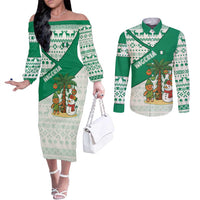 Nigeria Christmas Couples Matching Off The Shoulder Long Sleeve Dress and Long Sleeve Button Shirt with Gingerbread Snowman Palm Tree and Tribal Mask Design - Wonder Print Shop