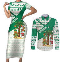 Nigeria Christmas Couples Matching Short Sleeve Bodycon Dress and Long Sleeve Button Shirt with Gingerbread Snowman Palm Tree and Tribal Mask Design - Wonder Print Shop