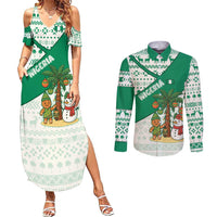 Nigeria Christmas Couples Matching Summer Maxi Dress and Long Sleeve Button Shirt with Gingerbread Snowman Palm Tree and Tribal Mask Design - Wonder Print Shop