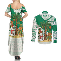 Nigeria Christmas Couples Matching Summer Maxi Dress and Long Sleeve Button Shirt with Gingerbread Snowman Palm Tree and Tribal Mask Design - Wonder Print Shop