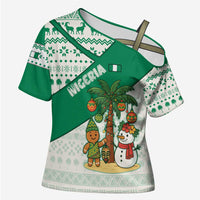 Nigeria Christmas Cross Shoulder Shirt with Gingerbread Snowman Palm Tree and Tribal Mask Design - Wonder Print Shop