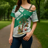 Nigeria Christmas Cross Shoulder Shirt with Gingerbread Snowman Palm Tree and Tribal Mask Design - Wonder Print Shop