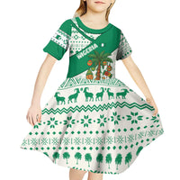 Nigeria Christmas Kid Short Sleeve Dress with Gingerbread Snowman Palm Tree and Tribal Mask Design - Wonder Print Shop