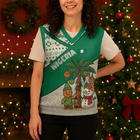 Nigeria Christmas Knitted V-Neck Vest with Gingerbread Snowman Palm Tree and Tribal Mask Design - Wonder Print Shop