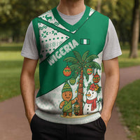 Nigeria Christmas Knitted V-Neck Vest with Gingerbread Snowman Palm Tree and Tribal Mask Design - Wonder Print Shop