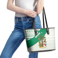 Nigeria Christmas Leather Tote Bag with Gingerbread Snowman Palm Tree and Tribal Mask Design - Wonder Print Shop
