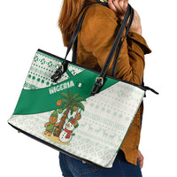 Nigeria Christmas Leather Tote Bag with Gingerbread Snowman Palm Tree and Tribal Mask Design - Wonder Print Shop