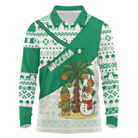 Nigeria Christmas Long Sleeve Polo Shirt with Gingerbread Snowman Palm Tree and Tribal Mask Design - Wonder Print Shop
