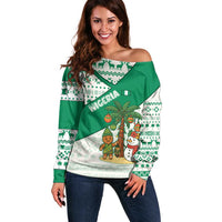 Nigeria Christmas Off Shoulder Sweater with Gingerbread Snowman Palm Tree and Tribal Mask Design - Wonder Print Shop
