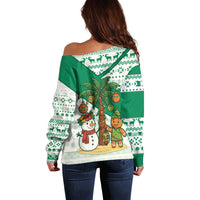 Nigeria Christmas Off Shoulder Sweater with Gingerbread Snowman Palm Tree and Tribal Mask Design - Wonder Print Shop