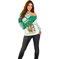 Nigeria Christmas Off Shoulder Sweater with Gingerbread Snowman Palm Tree and Tribal Mask Design - Wonder Print Shop