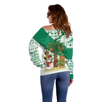 Nigeria Christmas Off Shoulder Sweater with Gingerbread Snowman Palm Tree and Tribal Mask Design - Wonder Print Shop