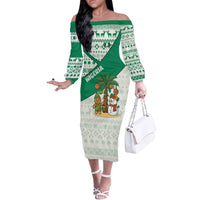 Nigeria Christmas Off The Shoulder Long Sleeve Dress with Gingerbread Snowman Palm Tree and Tribal Mask Design - Wonder Print Shop