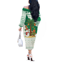 Nigeria Christmas Off The Shoulder Long Sleeve Dress with Gingerbread Snowman Palm Tree and Tribal Mask Design - Wonder Print Shop