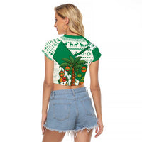 Nigeria Christmas Raglan Cropped T Shirt with Gingerbread Snowman Palm Tree and Tribal Mask Design - Wonder Print Shop
