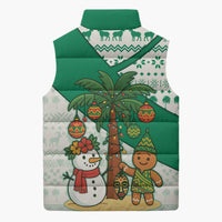 Nigeria Christmas Sleeveless Puffer Jacket with Gingerbread Snowman Palm Tree and Tribal Mask Design - Wonder Print Shop